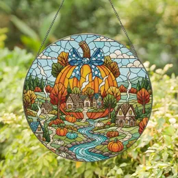 Autumn Village Pumpkin Houses River Sky - Fall Home Decor Gift for Pumpkin Lover Stained Glass Suncatcher