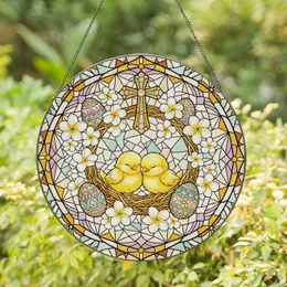 Baby Chicks Easter Eggs Golden Cross Plumeria - Easter Home Decor Gift Stained Glass Suncatcher