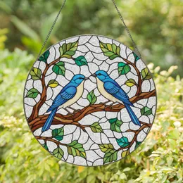Two Blue Birds Facing on Sturdy Tree Branch with Leaves - Home Decor Gift for Bird Lovers Stained Glass Suncatcher
