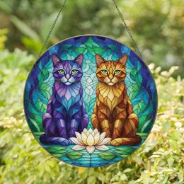 Two Cats Lotus Flower Lily Pads Water Ripples Aquatic Scene - Home Decor Gift for Cat Lovers Stained Glass Suncatcher