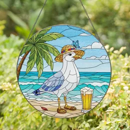 Seagull Straw Hat Golden Beer Beach Scene - Home Decor Gift for Beach Lovers Stained Glass Suncatcher