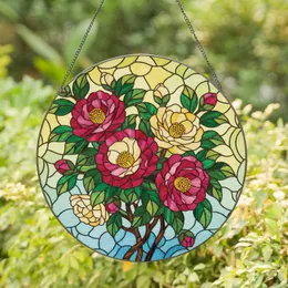 Crimson Fuchsia Camellia Flowers Bouquet - Home Decor Gift for Garden Lover Stained Glass Suncatcher