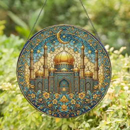 Majestic Mosque Golden Crescent Stars Arabesque Foliage - Spiritual Home Decor Gift Stained Glass Suncatcher