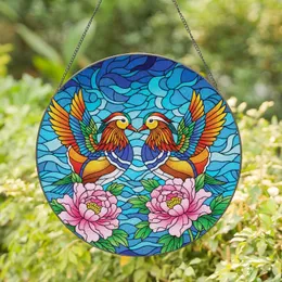 Two Mandarin Ducks Beaks Touching Wings Spread Peonies Blooms Sky Water Home Decor Gift Stained Glass Suncatcher