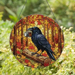 Black Crow Vintage Camera Autumn Foliage Forest Mosaic - Home Decor Gift Stained Glass Suncatcher
