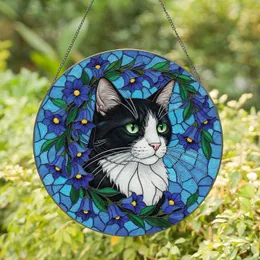 Tuxedo Cat with Luminous Green Eyes & Blue Bell Flowers - Home Decor Gift for Cat Lover Stained Glass Suncatcher