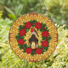 Robin Lantern Poinsettia Wreath - Christmas Holiday Gift Stained Glass Suncatcher