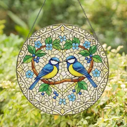 Blue Yellow Birds Branch Heart Berries - Home Decor Gift for Wildlife Lover Stained Glass Suncatcher