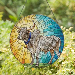Zebu Bull Curved Horns Blue Collar Glass Mosaic Celestial Sunburst Home Decor Gift Stained Glass Suncatcher