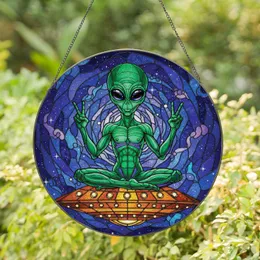 Green Alien Peace Sign Flying Saucer Galaxy - Home Decor Gift for Space Lover Stained Glass Suncatcher