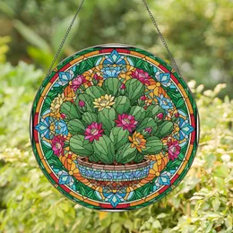 Vibrant Blooming Paddle Cactus Stained Glass Mosaic Planter - Home Decor Gift Stained Glass Suncatcher