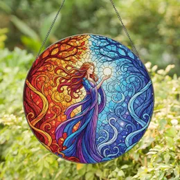 Female Figure Glowing Orb Flowing Hair Blue Purple Robes Autumn Winter Mosaic - Home Decor Gift Stained Glass Suncatcher