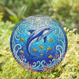 Smiling Blue Dolphin Ocean Coral Reef - Ocean Lover Home Decor Gift Stained Glass Suncatcher