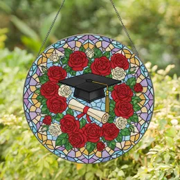 Black Graduation Cap Diploma Red Roses - Graduation Gift for Graduates Stained Glass Suncatcher