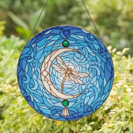 Dragonfly Crescent Moon Emerald Beads Bell Swirling Sky - Wildlife Lover Home Decor Gift Stained Glass Suncatcher