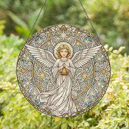 Cherubic Angel Golden Bell White Wings Celestial Stars Filigree - Home Decor Gift Stained Glass Suncatcher
