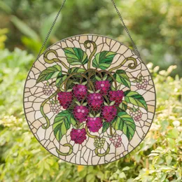 Ripe Raspberry Cluster Green Leaves Tendrils - Home Decor Gift for Garden Lover and Gardener Stained Glass Suncatcher