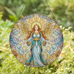 Female Angel Golden Halo Blue Teal Gown Celestial Light Rays - Home Decor Gift for Angel Lover Stained Glass Suncatcher
