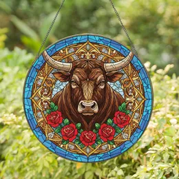 Majestic Bull's Head Red Roses - Farmhouse Decor Gift for Cattle Lover Stained Glass Suncatcher