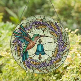 Hummingbird Bell Wreath Lavender Wheat - Home Decor Gift for Bird Lover Stained Glass Suncatcher