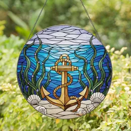 Golden Nautical Anchor Rope Seashells Seabed Ocean Waves Sky - Coastal Home Decor Gift Stained Glass Suncatcher