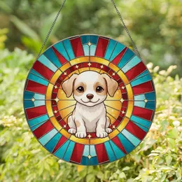 Smiling Cartoon Puppy Stained Glass Radiating Border - Home Decor Gift for Dog Lovers Stained Glass Suncatcher