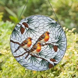 Winter Finches on Snowy Pine Branch - Wildlife Lover Home Decor Gift Stained Glass Suncatcher