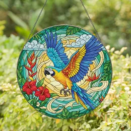 Blue-and-Yellow Macaw Soaring Tropical Leaves - Wildlife Lover Gift for Parrot Lover Stained Glass Suncatcher