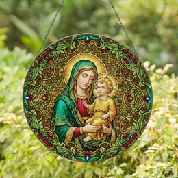 Virgin Mary Baby Jesus Golden Halos Green Foliage - Home Decor Gift for Religious Art Lovers Stained Glass Suncatcher
