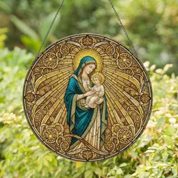 Virgin Mary Baby Jesus Robes Divine Light Celestial Stars Christian Home Decor Gift Stained Glass Suncatcher