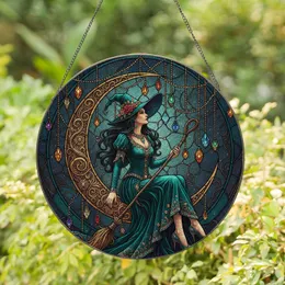 Dark Haired Witch Crescent Moon Broomstick Luminous Jewels Mosaic - Witchy Home Decor Gift Stained Glass Suncatcher