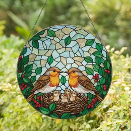 Robins Nest Baby Birds Leaves Berries - Wildlife Home Decor Gift for Bird Lovers Stained Glass Suncatcher