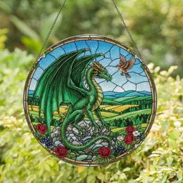 Green Dragon Brown Bird Rocky Outcrop - Wildlife Home Decor Gift for Dragon Lover Stained Glass Suncatcher
