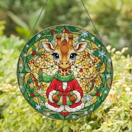 Baby Giraffe Santa Coat Gift Box Holly Snowflakes - Christmas Home Decor Gift Stained Glass Suncatcher