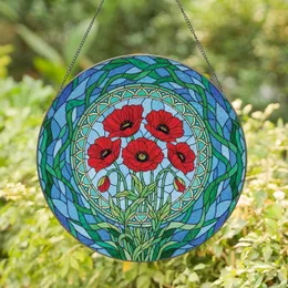 Red Poppies Green Leaves Circular Border Blue Mosaic - Home Decor Gift for Garden Lover Stained Glass Suncatcher