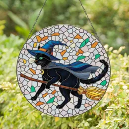 Black Cat Witch Emerald Green Eyes Blue Hat Golden Moon Charm Broomstick Home Decor Gift Stained Glass Suncatcher