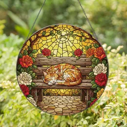 Orange White Tabby Cat Sleeping Rustic Wooden Bench Blooming Red Roses Sun Mosaic - Home Decor Gift Stained Glass Suncatcher