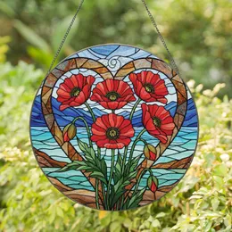 Red Poppy Flowers Heart Frame, Mountain Water Landscape - Home Decor Gift Stained Glass Suncatcher