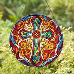 Christian Cross Red Bloom Botanical Swirl Mosaic - Home Decor Gift for Christian Faith Lover Stained Glass Suncatcher