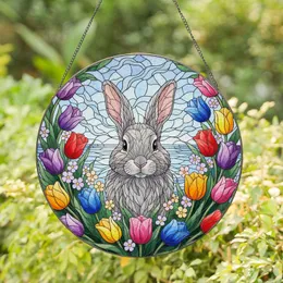 Fluffy Grey Bunny Rabbit Spring Blooms - Home Decor Gift for Rabbit Lover Stained Glass Suncatcher