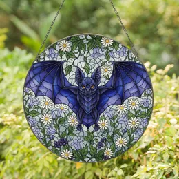 Indigo Bat Bellflower Daisy Foliage Mosaic - Home Decor Gift for Bat Lover Stained Glass Suncatcher