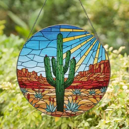 Saguaro Cactus Red Rock Mesas Sunbeams Agave Plants - Home Decor Gift for Desert Lover Stained Glass Suncatcher