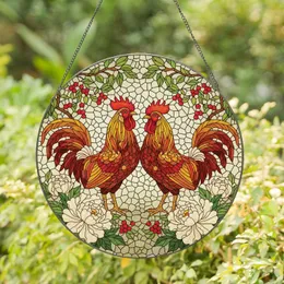 Proud Roosters Cream Peonies Red Berries Mosaic - Rustic Farmhouse Home Decor Gift Stained Glass Suncatcher