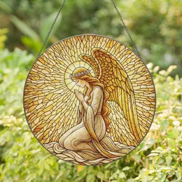 Stained Glass Mosaic Angel Praying Golden Wings Filigree Gown - Luminous Home Decor Gift Stained Glass Suncatcher