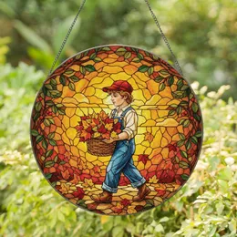 Boy in Red Cap Overalls Carrying Autumn Leaves Basket - Fall Home Decor Gift Stained Glass Suncatcher