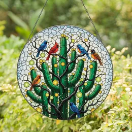 Cactus Birds Golden Baubles Gnarled Branches - Home Decor Gift for Garden Lover Stained Glass Suncatcher