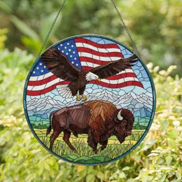 Bald Eagle American Flag Bison - Home Decor Gift for Veterans Stained Glass Suncatcher
