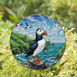 Atlantic Puffin Coastal Scene with Sea Cliffs - Bird Lover Home Decor Gift Stained Glass Suncatcher