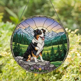 Tri-Color Australian Shepherd Mountain Landscape Home Decor Gift for Dog Lovers Stained Glass Suncatcher