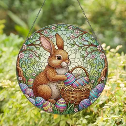 Fluffy Brown Easter Bunny Easter Egg Basket Spring Floral Landscape - Easter Gift Stained Glass Suncatcher